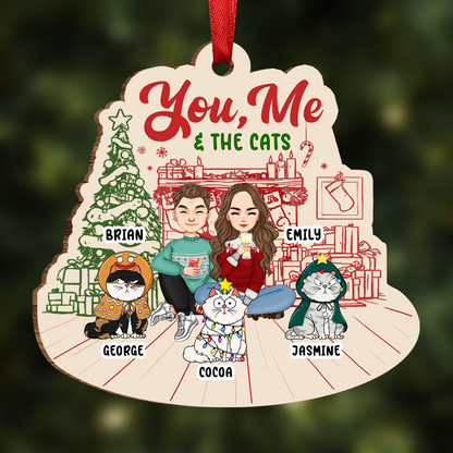 You, Me And The Cats - Personalized Custom Shaped Wooden Ornament