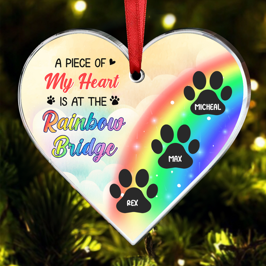 A Piece Of My Heart Is At The Rainbow Bridge - Dog Memorial Gift - Personalized Custom Heart Acrylic Ornament