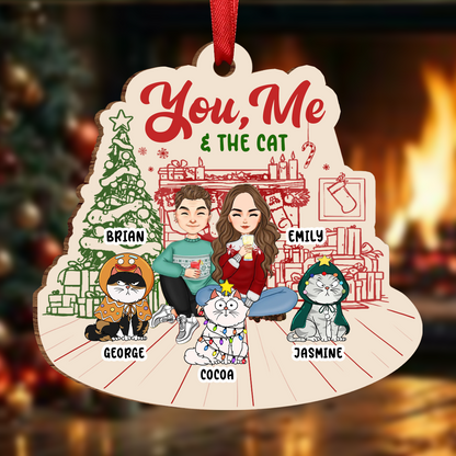 You, Me And The Cats - Personalized Custom Shaped Wooden Ornament