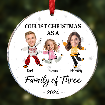 Custom Photo Our First Christmas As A Family Of Three - Personalized Circle Acrylic Ornament