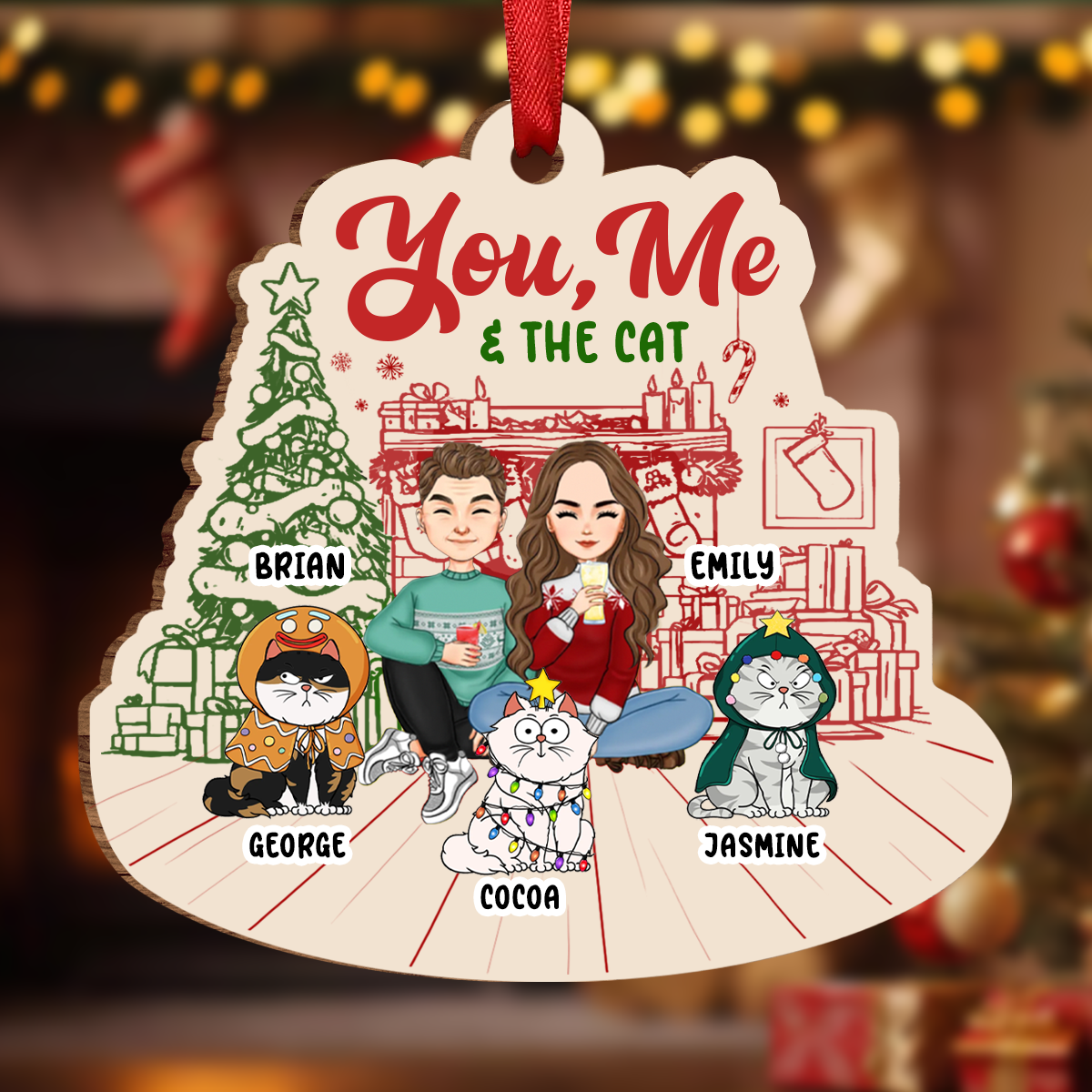 You, Me And The Cats - Personalized Custom Shaped Wooden Ornament