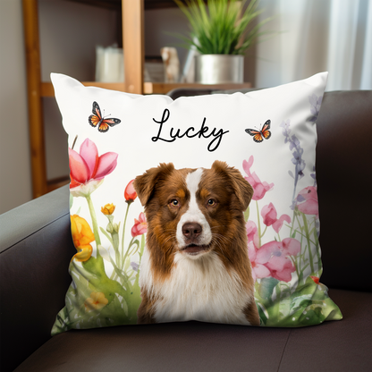 Custom Photo Dog Cat Watercolor Wildflowers - Personalized Pillow