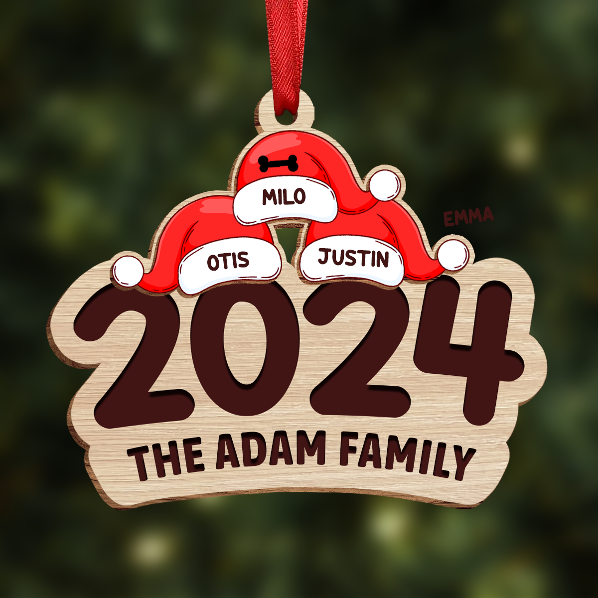 Christmas Family Name Santa Hat 2024 - Personalized 2-Layered Wooden Ornament