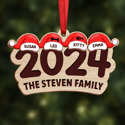 Christmas Family Name Santa Hat 2024 - Personalized 2-Layered Wooden Ornament