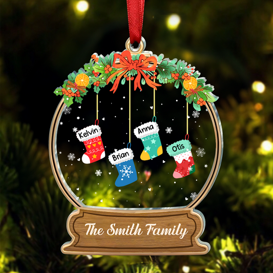 Lovely Stockings Hanging - Family Personalized Custom Ornament - Acrylic Snow Globe Shaped - Christmas Gift For Family Members