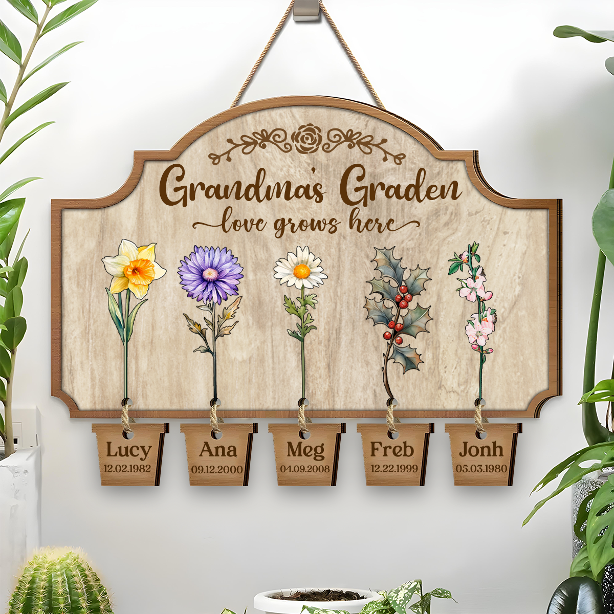 Grandma's Garden Birth Flowers - Personalized Custom Shaped Wood Sign With Wooden Tags