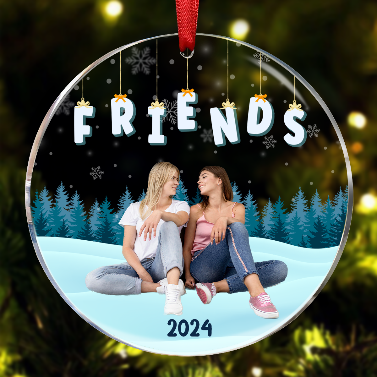 Custom Photo Family Friends Besties Sisters Sitting Together - Personalized Circle Acrylic Ornament