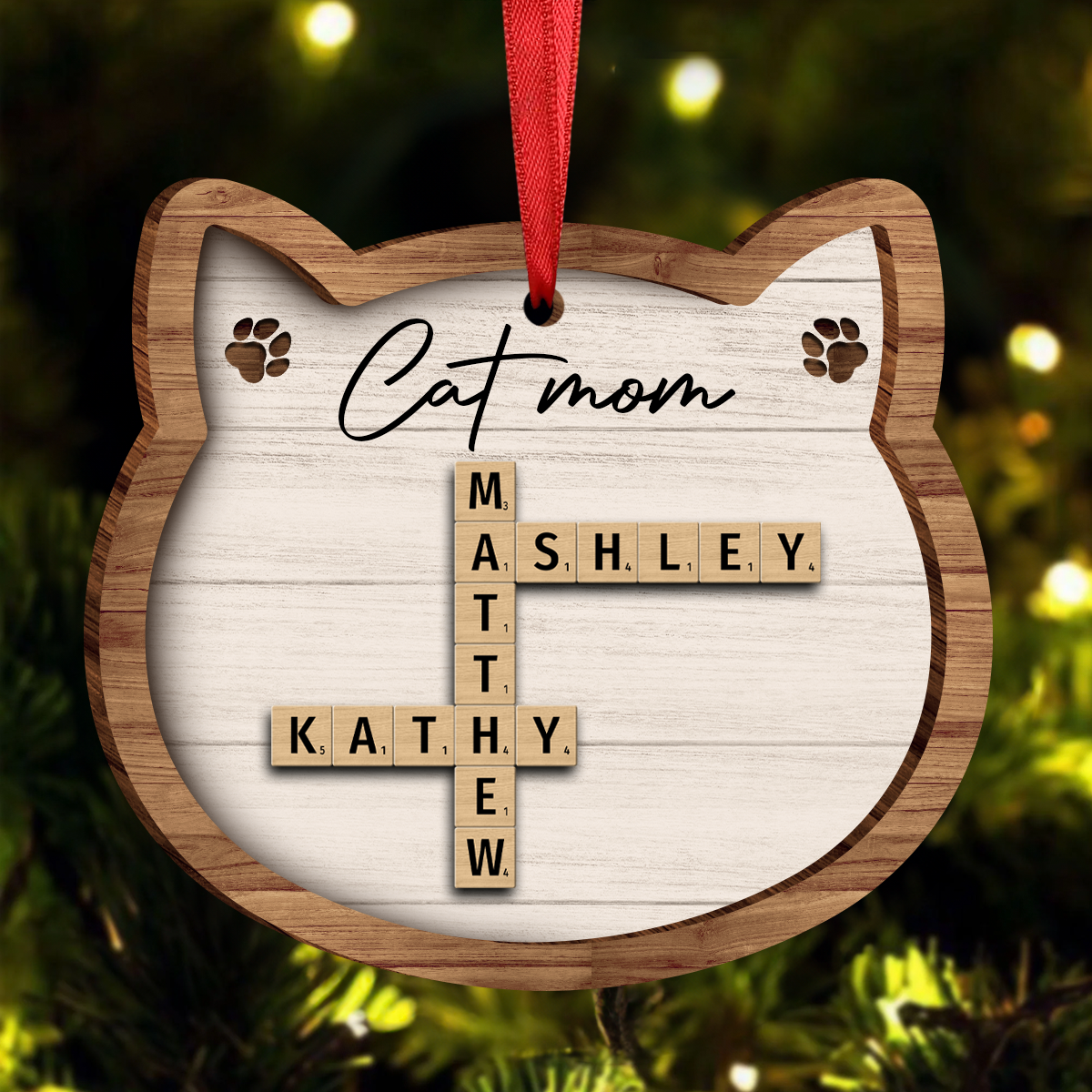 Cat Lover Gift Crossword Puzzle Art Personalized Wooden Ornament [Can add up to 20 cat names]