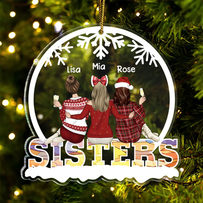 Christmas Besties Sisters Sitting Together - Personalized Custom Shaped Acrylic Ornament