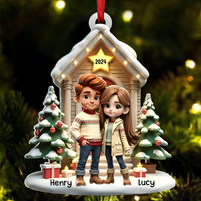 3D Effect Pretty Couple Standing On The Front Porch Personalized Acrylic Ornament, Unique Christmas Gift For Him For Her For The Couple