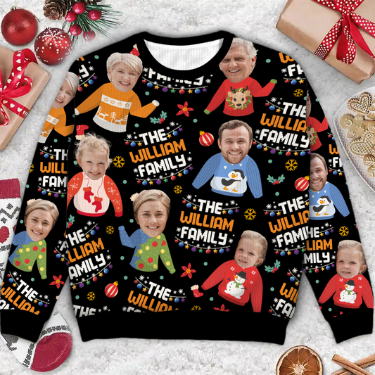 Family Photo Upload Funny Christmas Personalized Faux Knit Ugly Sweater