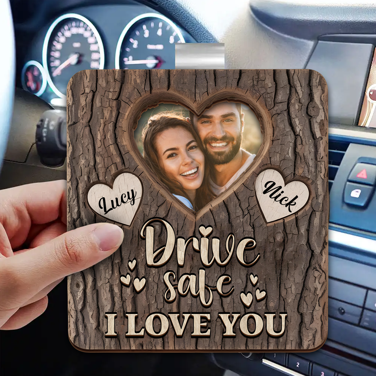 Custom Photo Drive Safe I Love You Engraved Tree - Personalized Custom Shaped Car Visor Clip