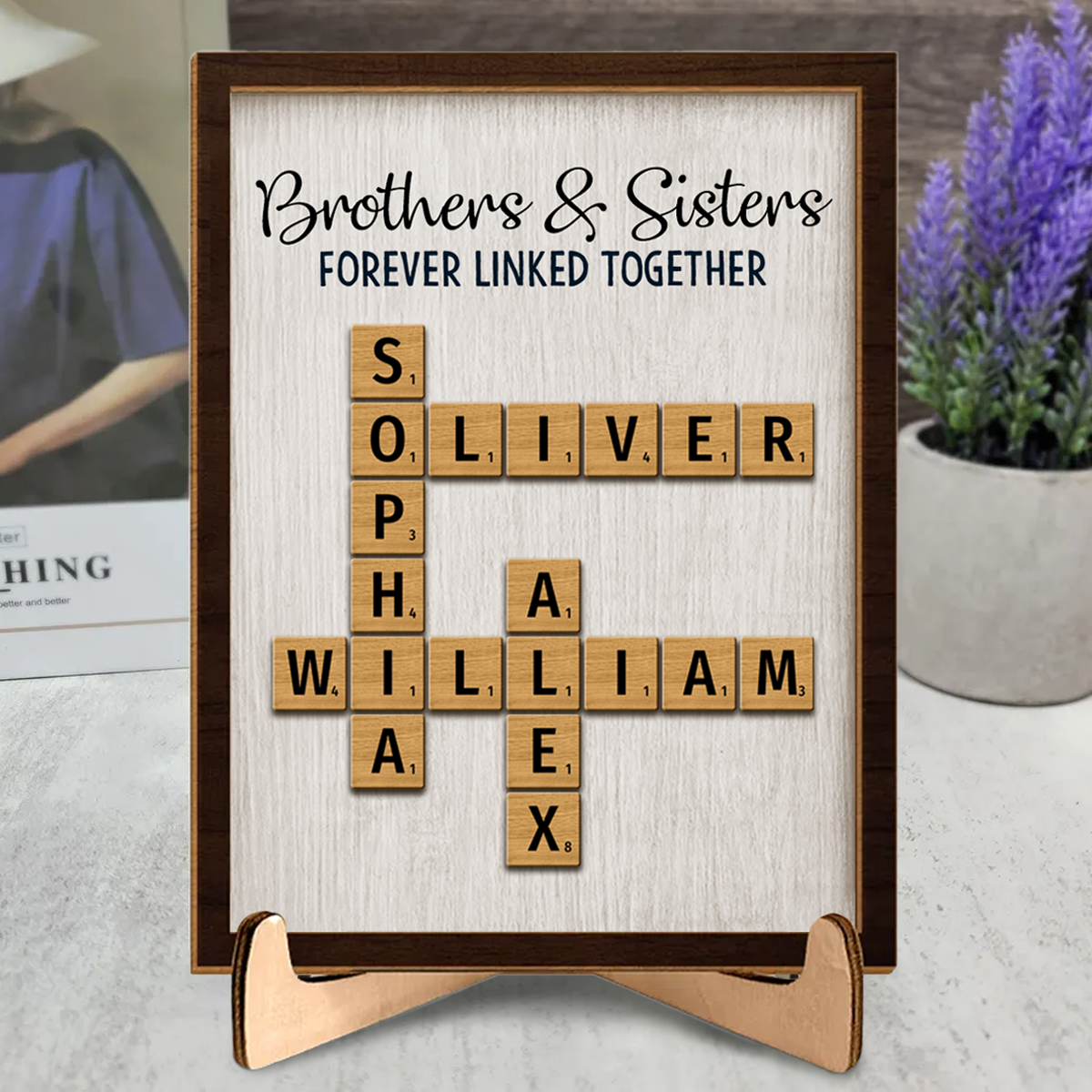 Brothers & Sisters Forever Linked Together Crossword Puzzle Art Personalized 2-Layer Wooden Plaque, Gift For Brothers, Sisters, Siblings, Family