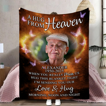 Custom Photo A Hug From Heaven Family Memorial - Personalized Fleece Blanket, Sherpa Blanket