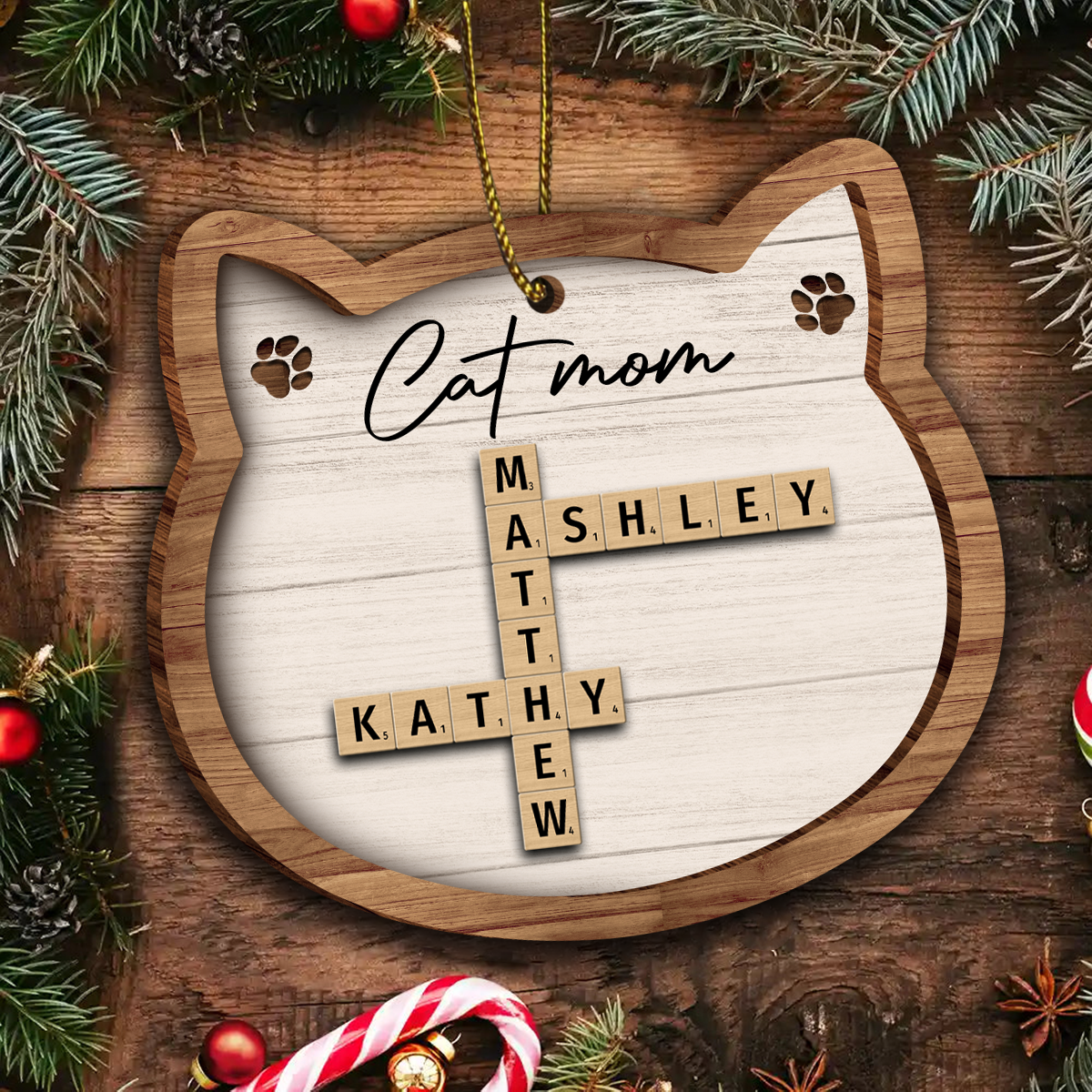 Cat Lover Gift Crossword Puzzle Art Personalized Wooden Ornament [Can add up to 20 cat names]