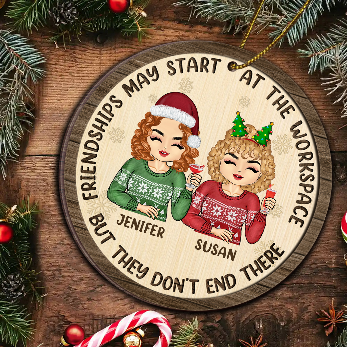 Friendships May Start At The Workplace Christmas Chibi - Personalized  Wooden Ornament