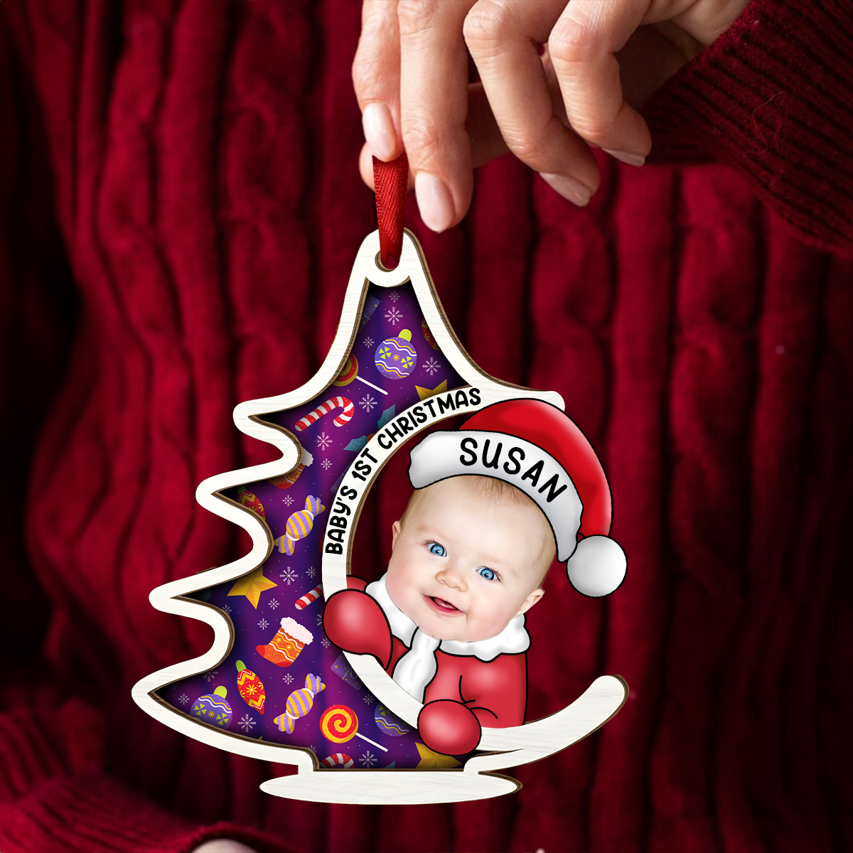 Custom Photo Christmas Tree Baby Santa - Personalized Suncatcher Ornament