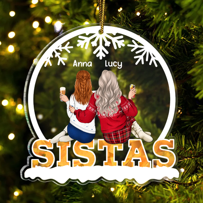 Christmas Besties Sisters Sitting Together - Personalized Custom Shaped Acrylic Ornament