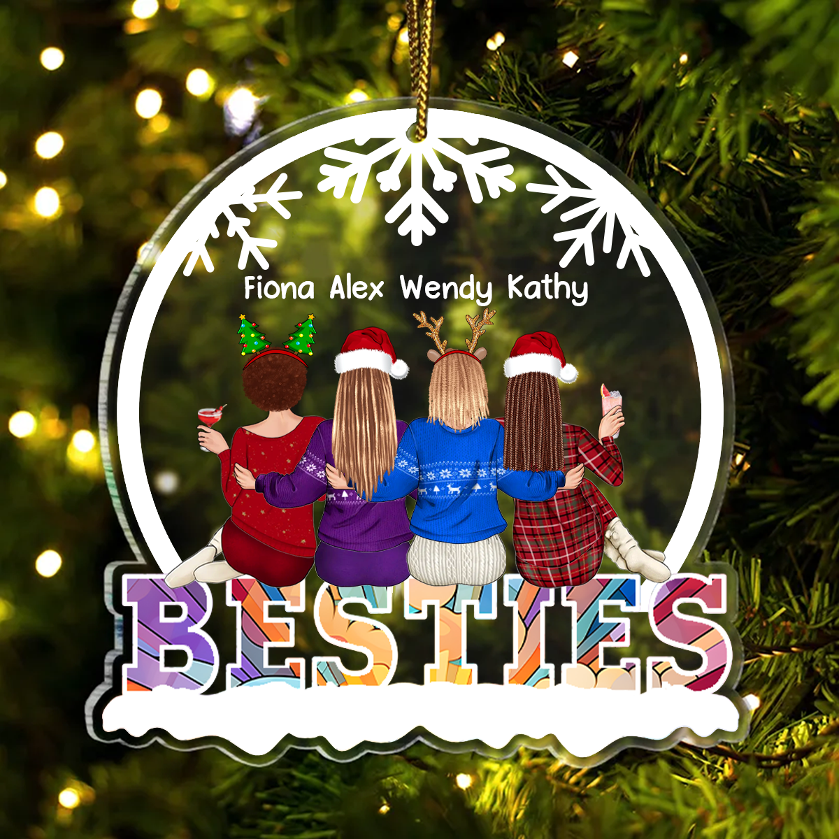 Christmas Besties Sisters Sitting Together - Personalized Custom Shaped Acrylic Ornament