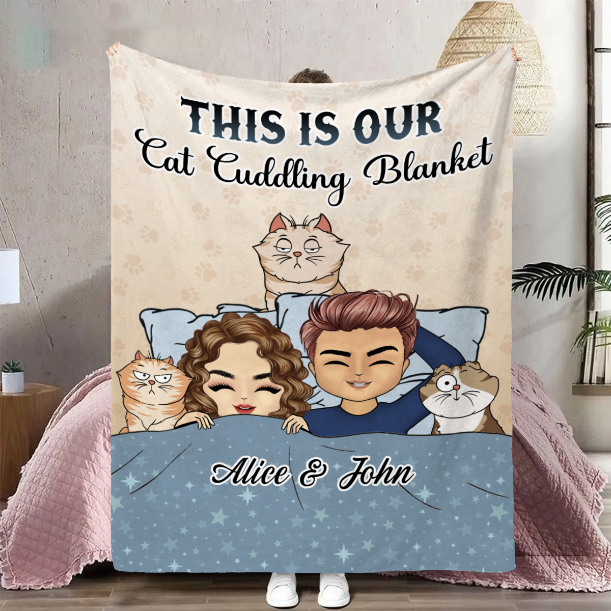 Our Cat Cuddling Blanket Chibi Couple - Personalized  Blanket