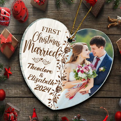 Custom Photo First Christmas Married - Personalized Heart Acrylic Ornament