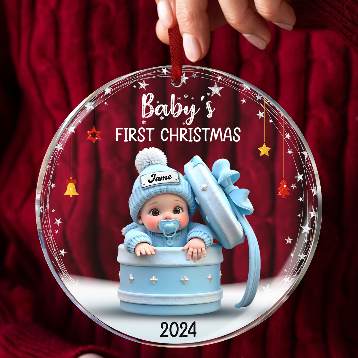 Baby Inside Gift Box Personalized Glass Ornament, Baby First Christmas Keepsake