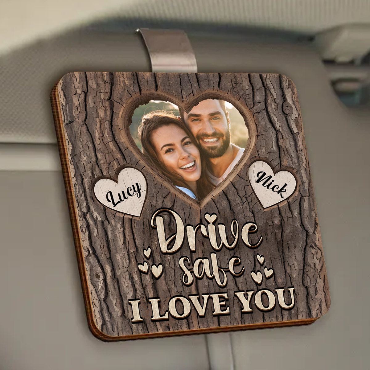 Custom Photo Drive Safe I Love You Engraved Tree - Personalized Custom Shaped Car Visor Clip