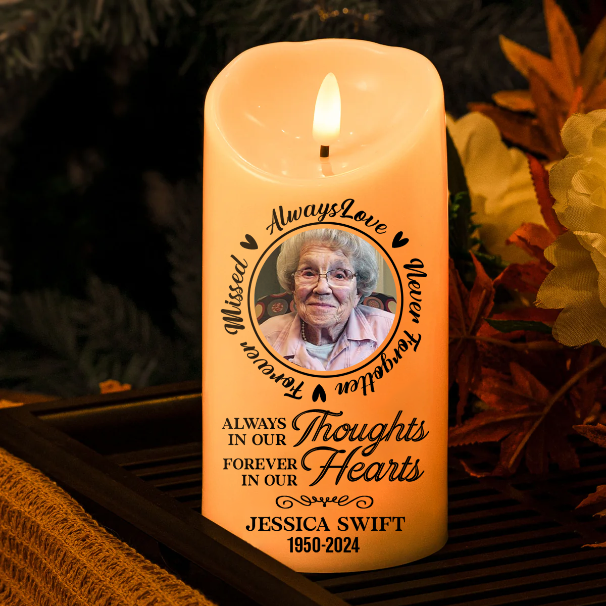 Custom Photo Always In Our Thoughts - Memorial Personalized Custom LED Candle - Christmas Gift, Sympathy Gift For Family Members