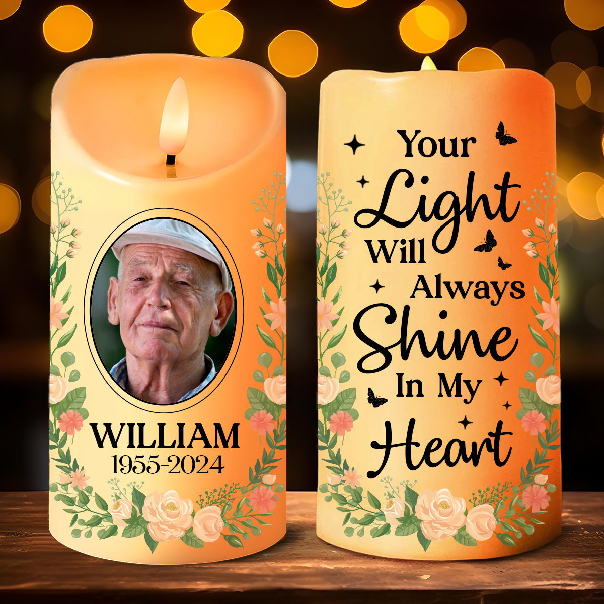 Custom Photo Your Light Will Always Shine In Our Hearts Memorial - Personalized Flameless LED Candle