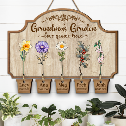 Grandma's Garden Birth Flowers - Personalized Custom Shaped Wood Sign With Wooden Tags