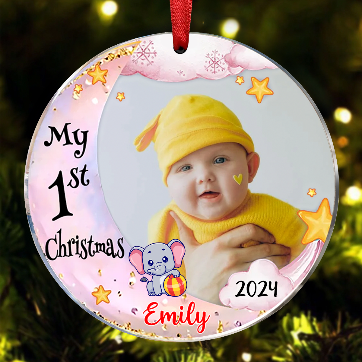 Baby's First Christmas Animal Upload Photo Circle Ornament