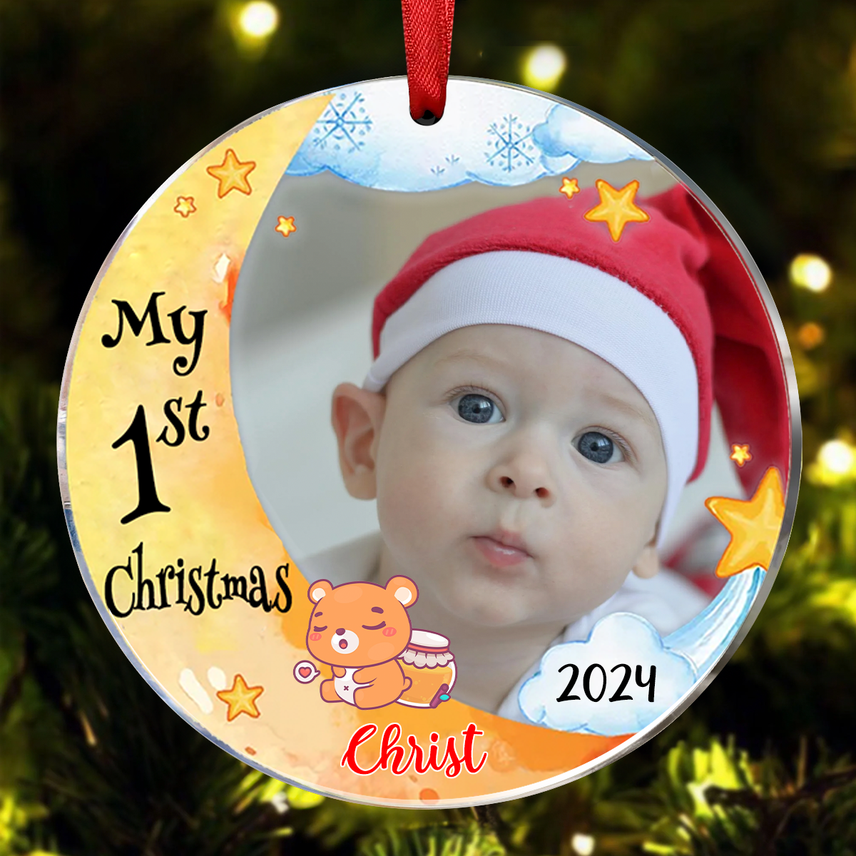 Baby's First Christmas Animal Upload Photo Circle Ornament