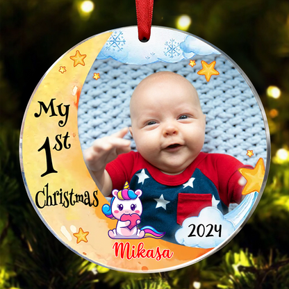 Baby's First Christmas Animal Upload Photo Circle Ornament