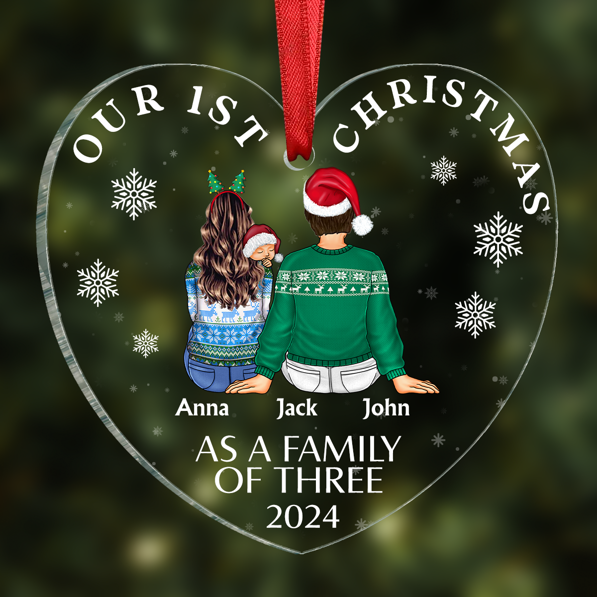 First Christmas As A Family Of Three New Parents - Personalized Heart Shaped Acrylic Ornament