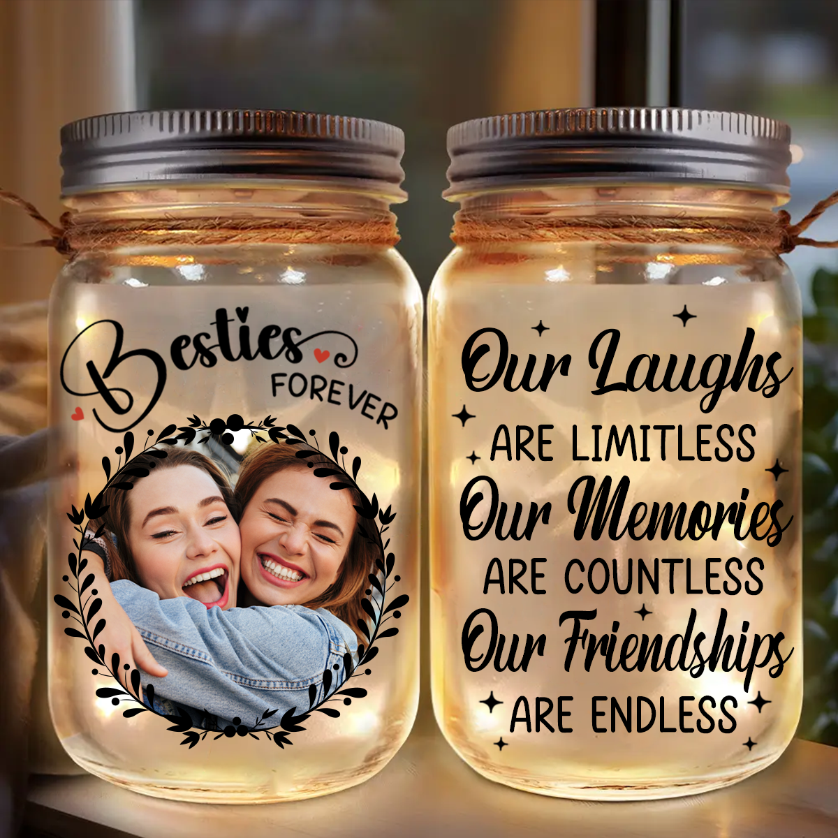 Custom Photo Our Memories Are Countless Our Friendship Is Endless - Personalized Mason Jar Light