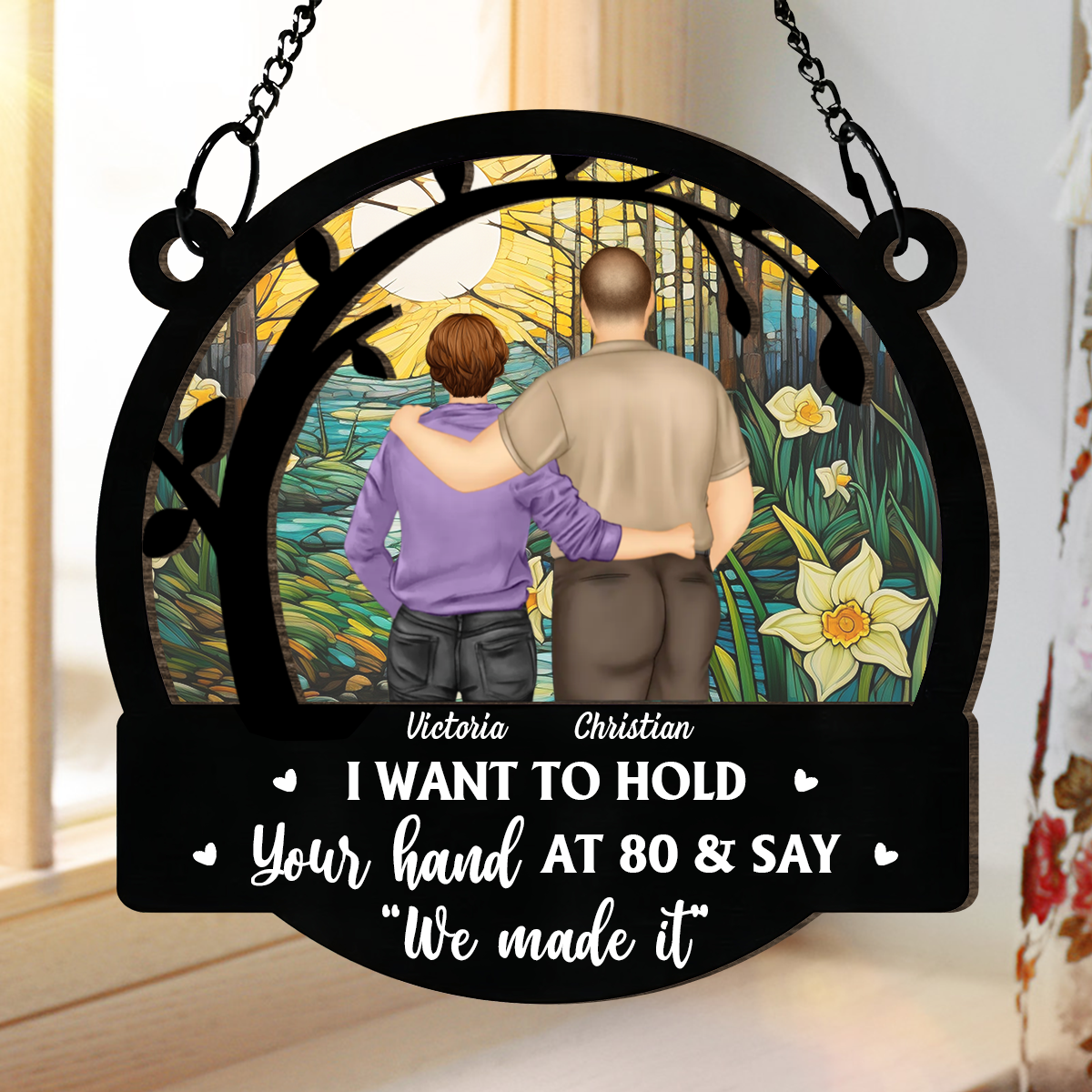 Couple Hold Your Hand At 80 - Personalized Window Hanging Suncatcher Ornament