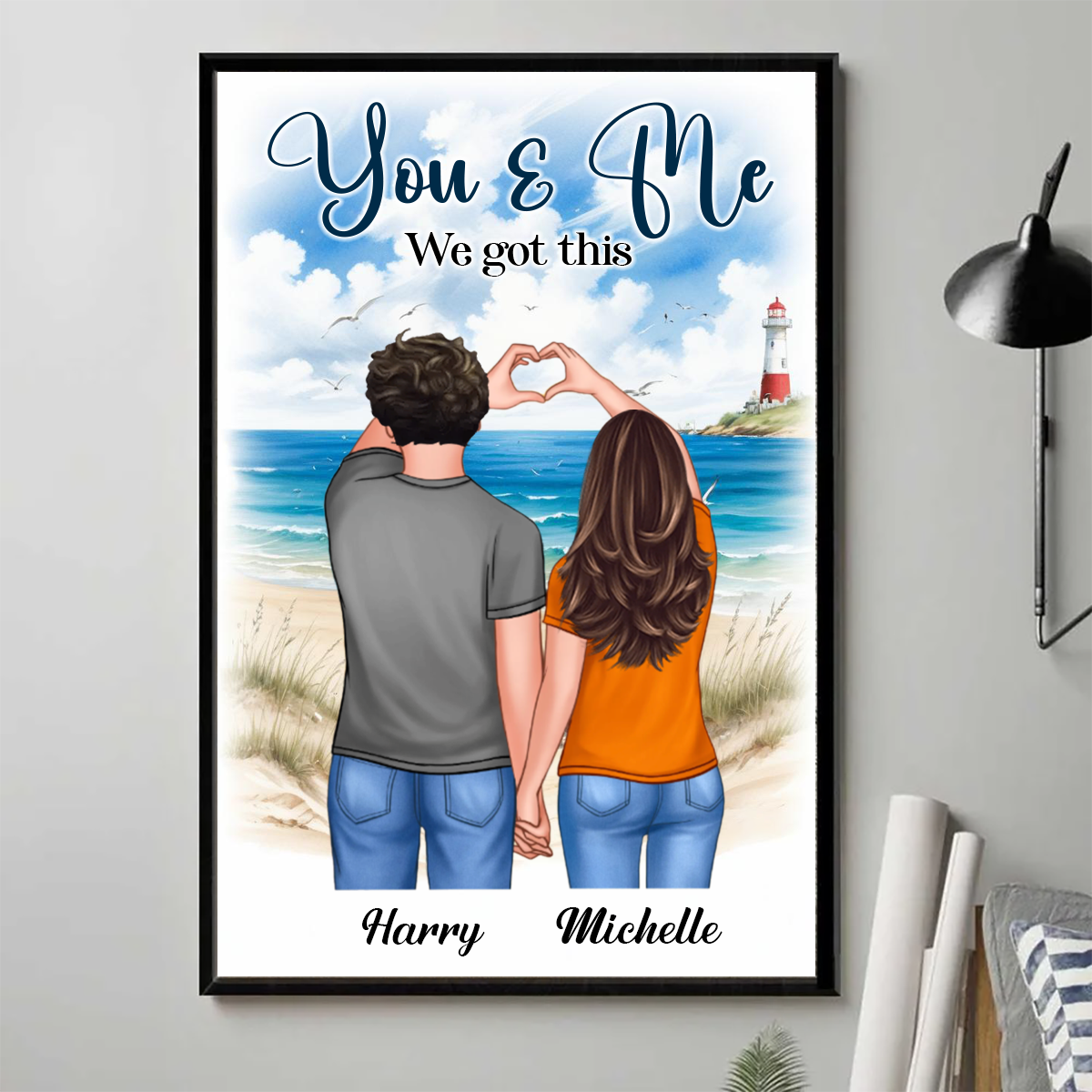 Back View Couple Heart Hands At Beach Personalized Vertical Poster - Valentine‘s Day Gift - Gift For Him, Gift For Her