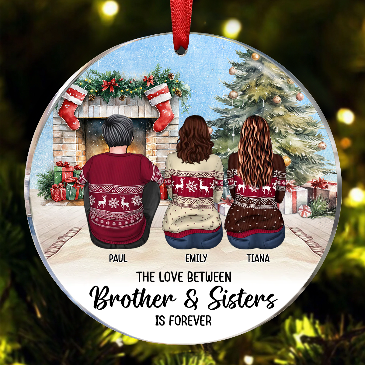 Personalized Siblings Christmas Tree Cozy Fireplace Ornament, Personalized Brothers and Sisters Ornament, Siblings Gift