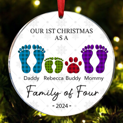 First Christmas As A Family Of Four Flannel Footprints - Personalized Circle Acrylic Ornament