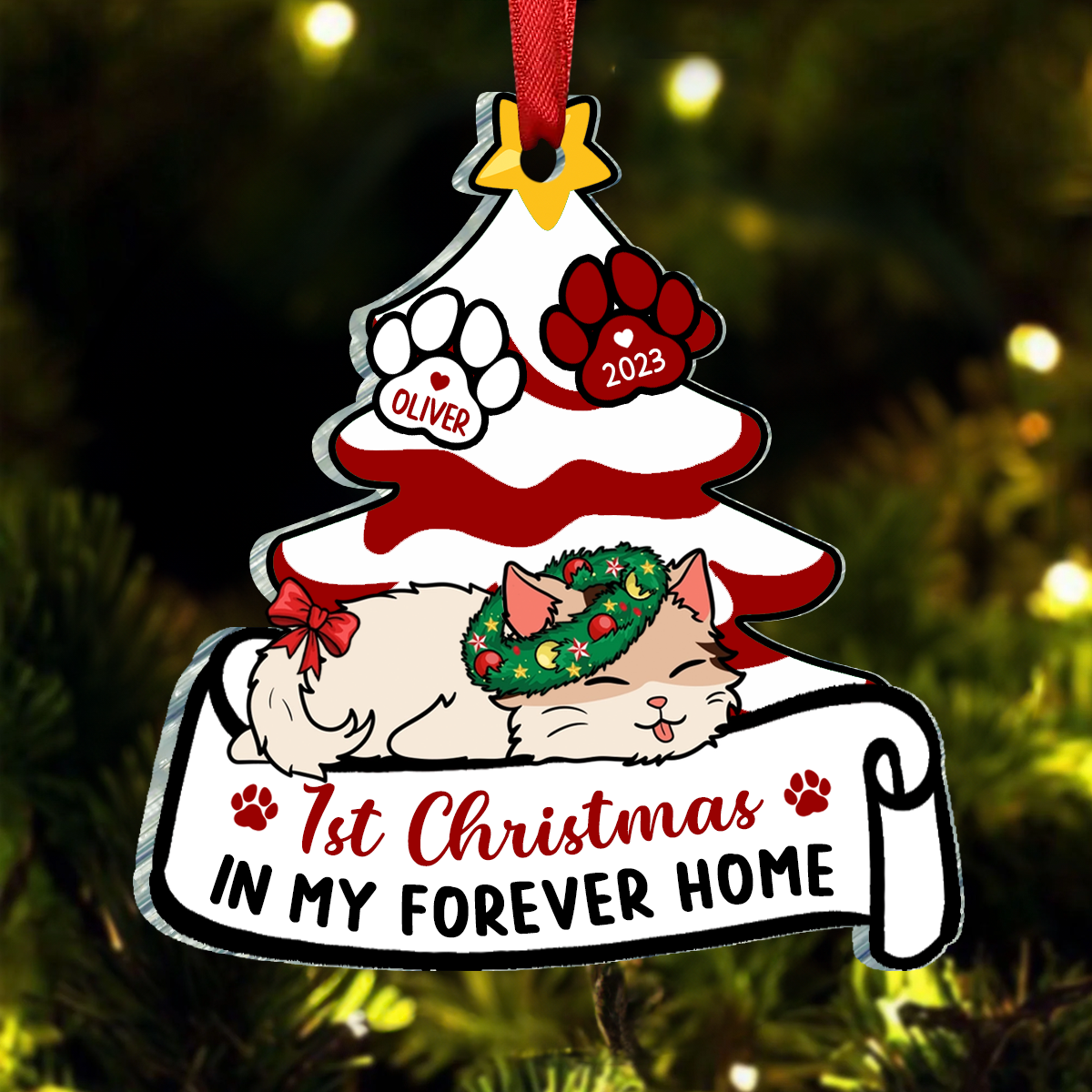 Lying Cat First Christmas In My Forever Home - Personalized Cutout Acrylic Ornament