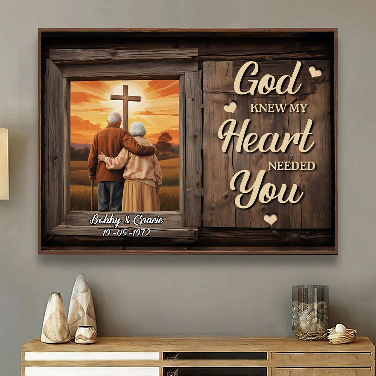 Cross God Knew My Heart Needed You Old Couple Walking Hugging Personalized Poster, Anniversary Valentine's Day Gift For Him, Her, Husband, Wife