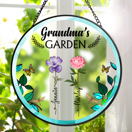 Birth Flower Grandma's Garden - Personalized Stained Glass Window Hanging Suncatcher