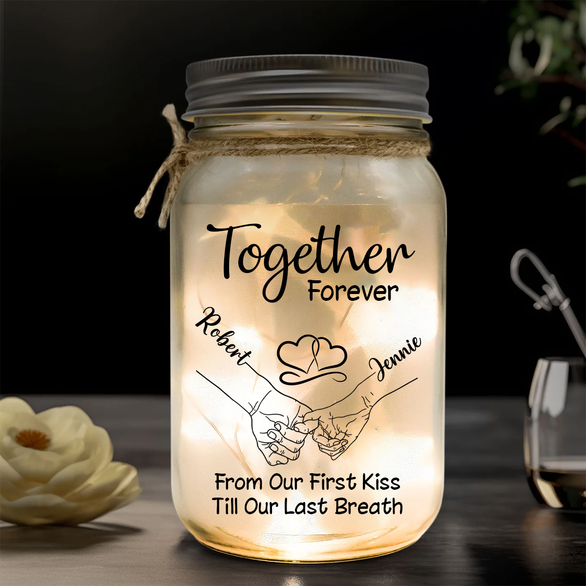 Couple Hold Hand From Our First Kiss - Personalized Mason Jar Light