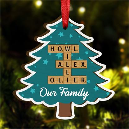 Family Names Puzzle Crossword In Christmas Tree Personalized Wooden Ornament, Christmas Gift For Family