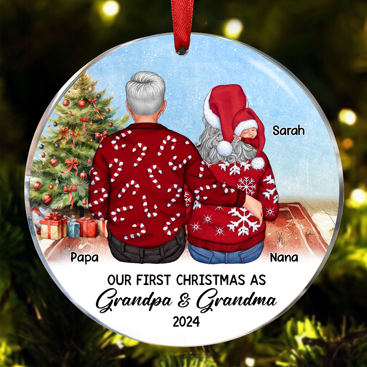 Our First Christmas As Grandma & Grandpa Personalized Circle Acrylic Ornament