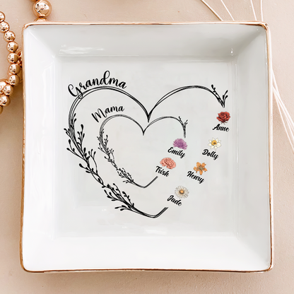 Mom Grandma Sweethearts Birth Month Flowers - Personalized Ring Dish