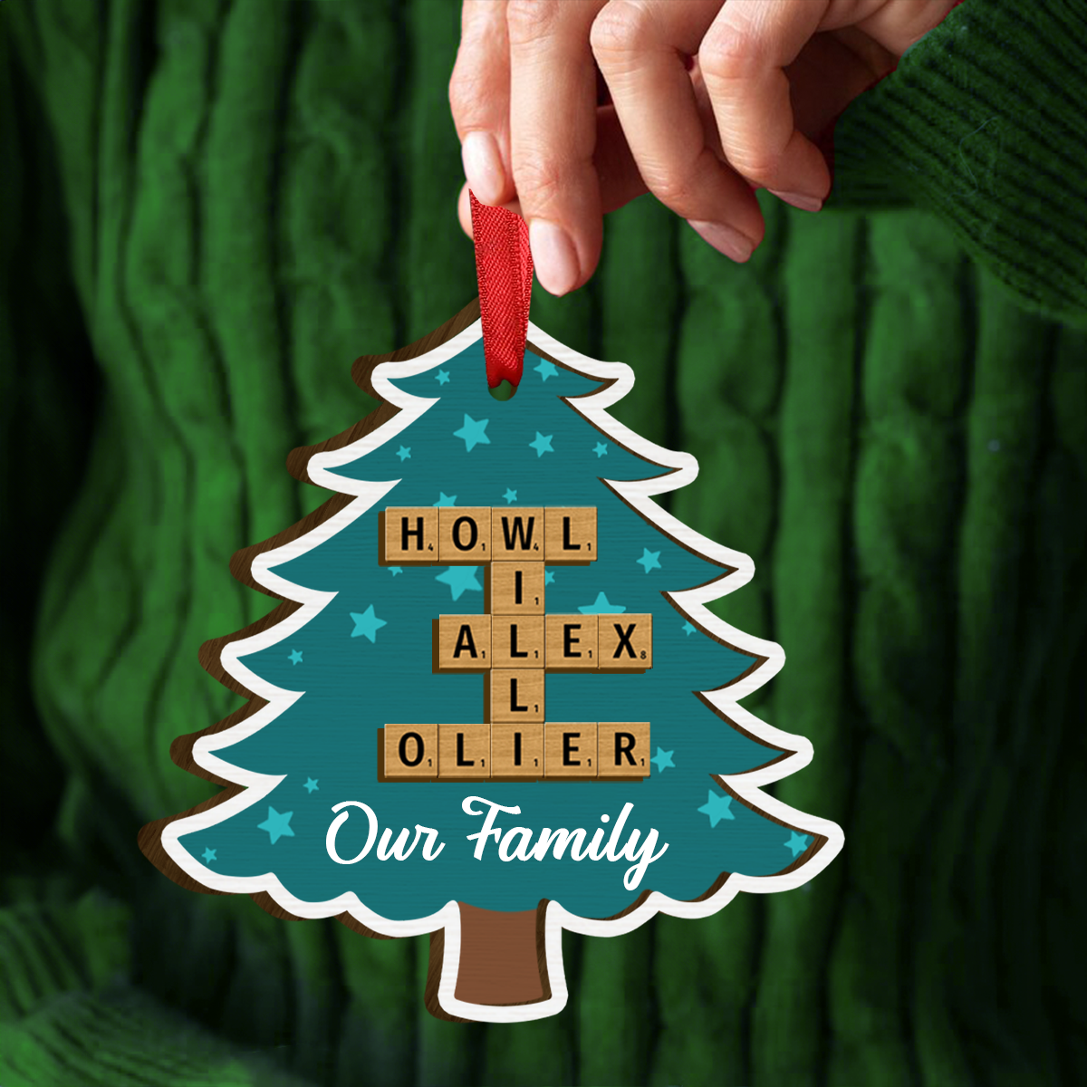 Family Names Puzzle Crossword In Christmas Tree Personalized Wooden Ornament, Christmas Gift For Family