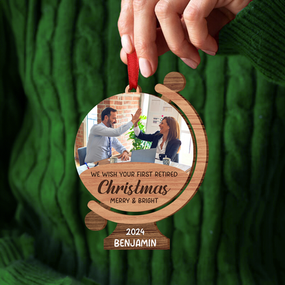 Custom Photo We Wish Your First Retired Christmas Merry & Bright - Personalized Custom Shaped Wooden Ornament