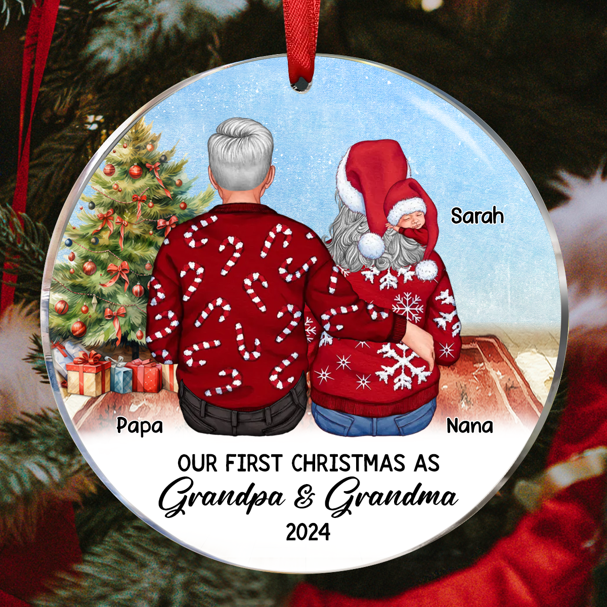 Our First Christmas As Grandma & Grandpa Personalized Circle Acrylic Ornament