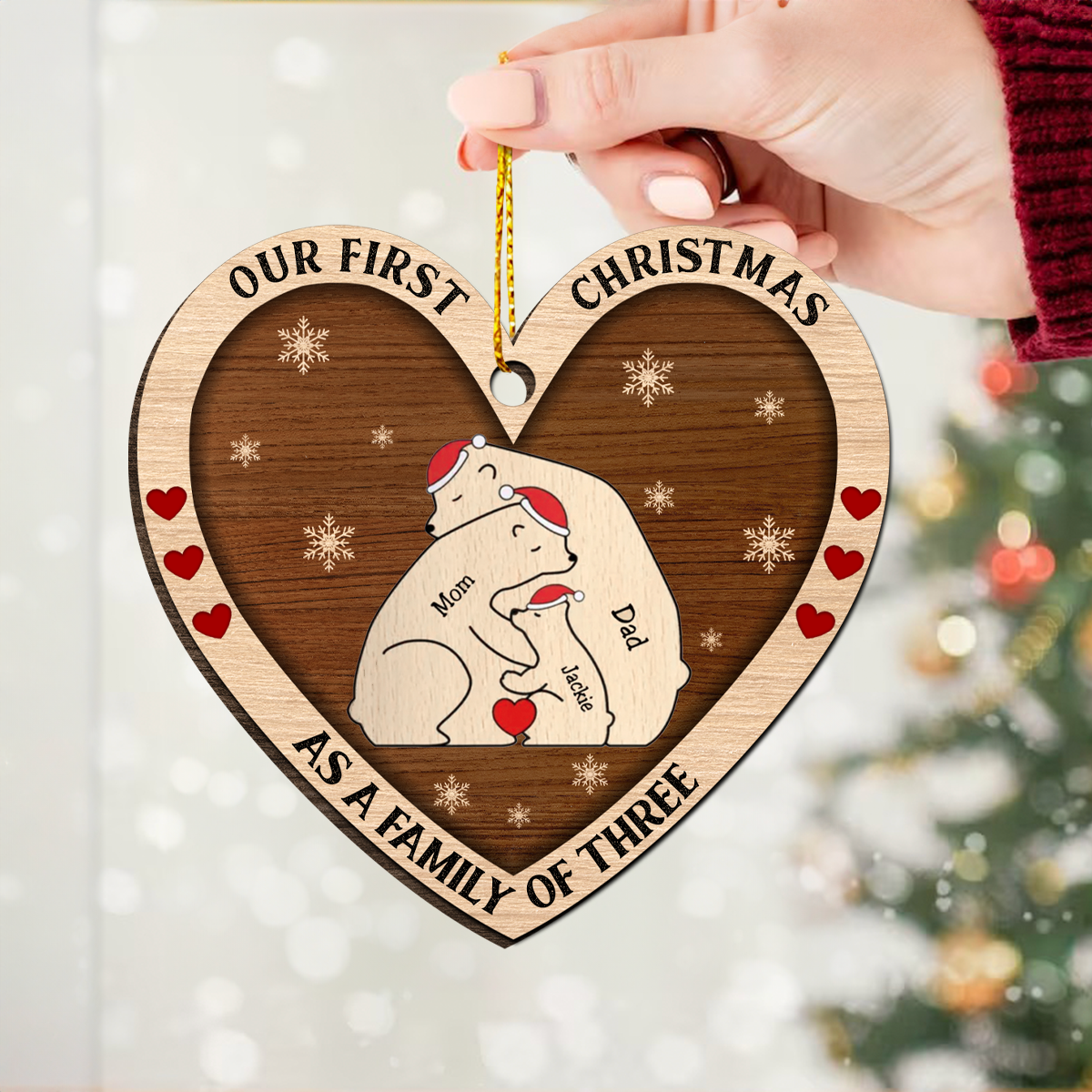 First Christmas As A Family Of Three Bears - Personalized Custom Shaped Wooden Ornament